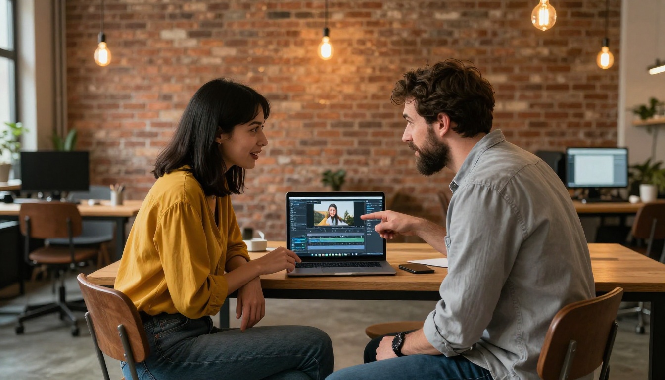 Two creative colleagues in an industrial loft agency space discussing AI video work on a shared laptop