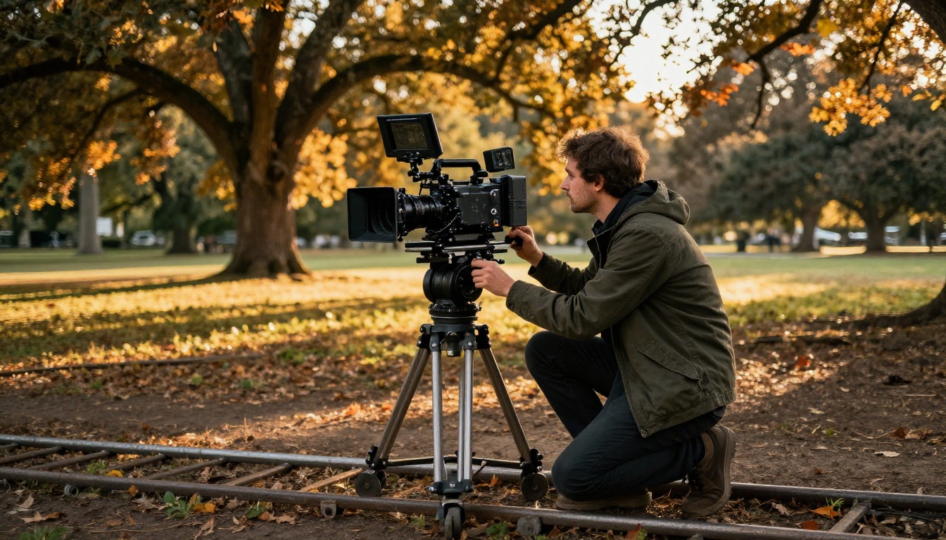 Cinematographer filming outdoors at golden hour, low-angle professional cinema setup Cinematographer filming outdoors at golden hour, low-angle professional cinema setup