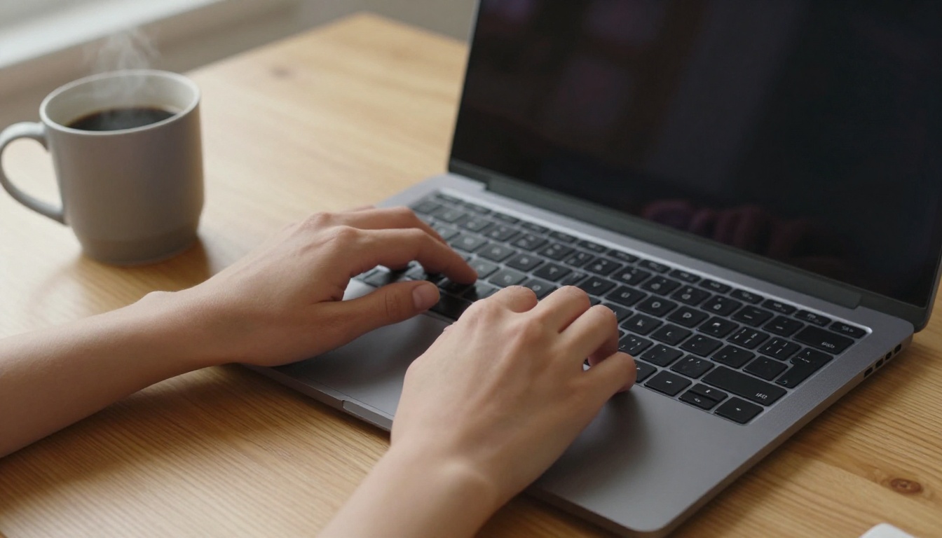 Close-up of hands typing a detailed AI video prompt on a laptop keyboard Close-up of hands typing a detailed AI video prompt on a laptop keyboard