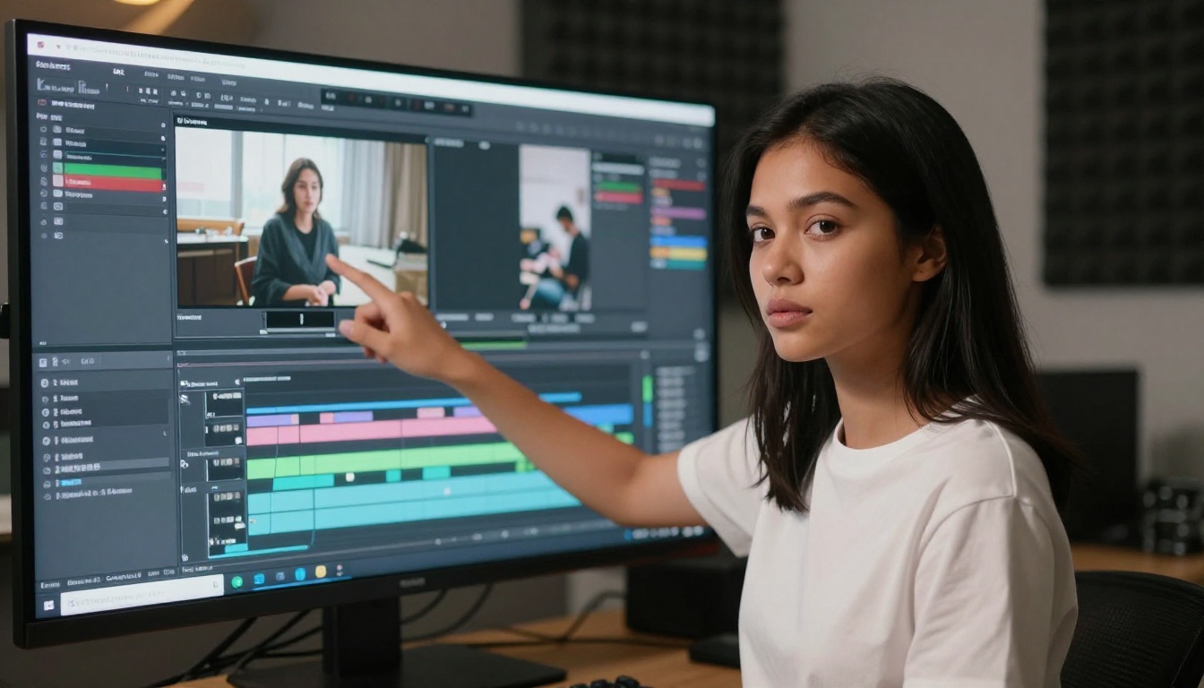 Content creator reviewing AI-generated video on professional monitor in studio Content creator reviewing AI-generated video on professional monitor in studio