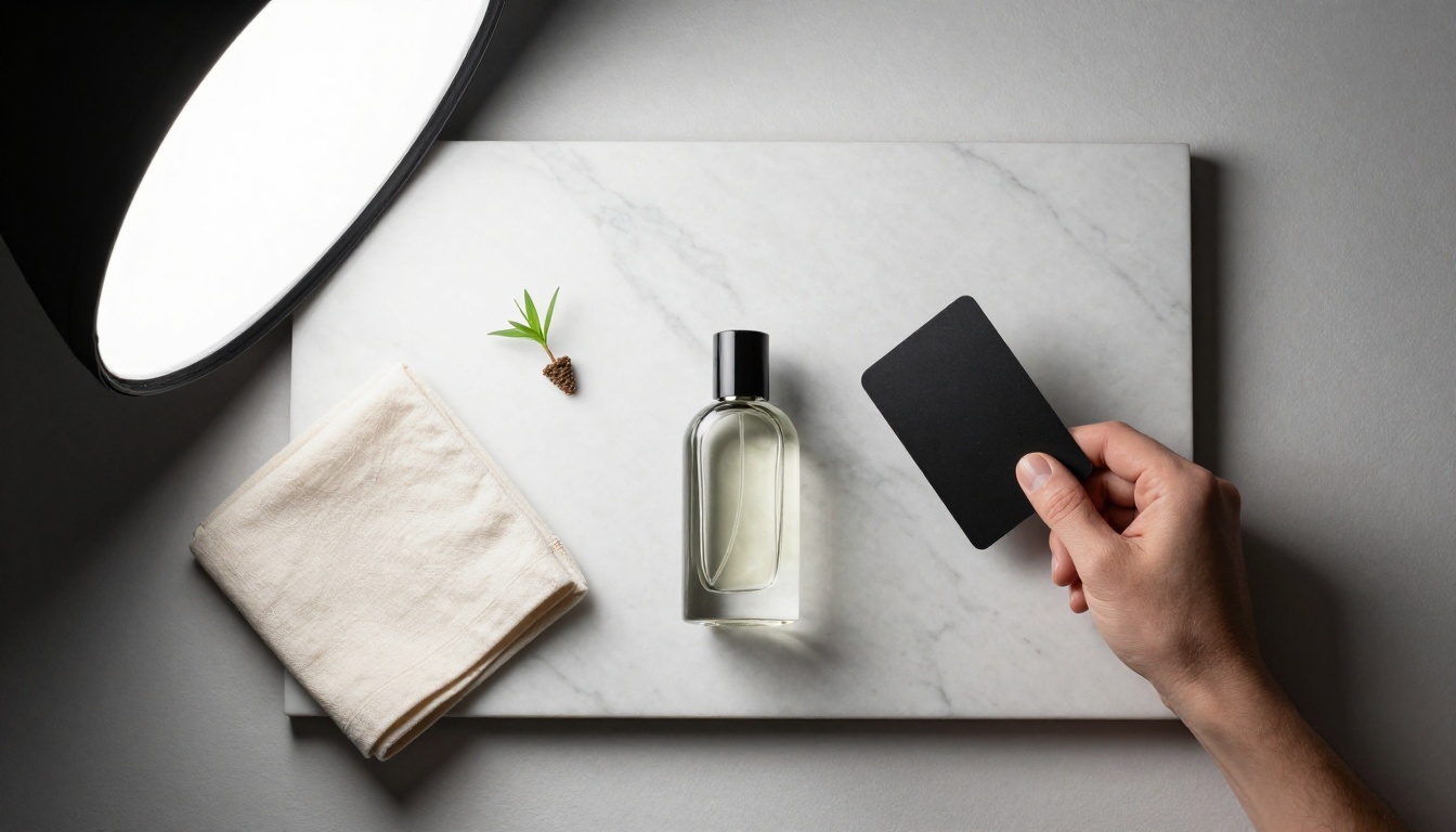 Flat-lay product photography setup on white marble surface with professional lighting Flat-lay product photography setup on white marble surface with professional lighting