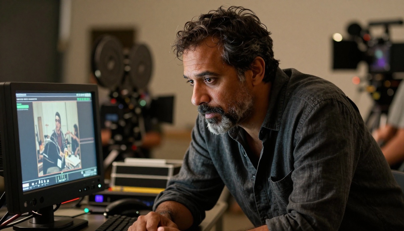 Film director intently studying playback footage on a portable monitor on set