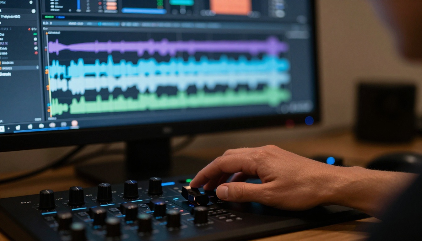 Video editing color grading station with monitor waveform and control surface
