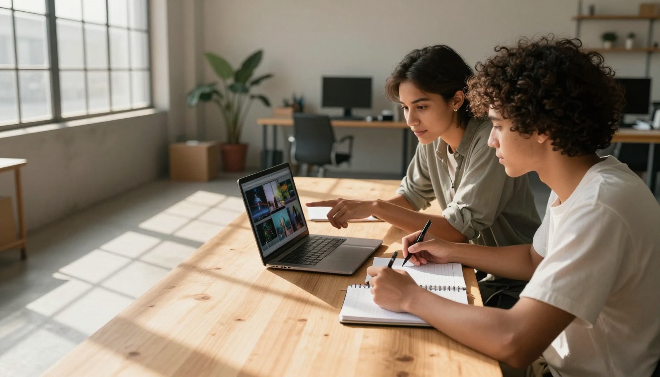 Two creative professionals collaborating on AI video generation at a shared desk