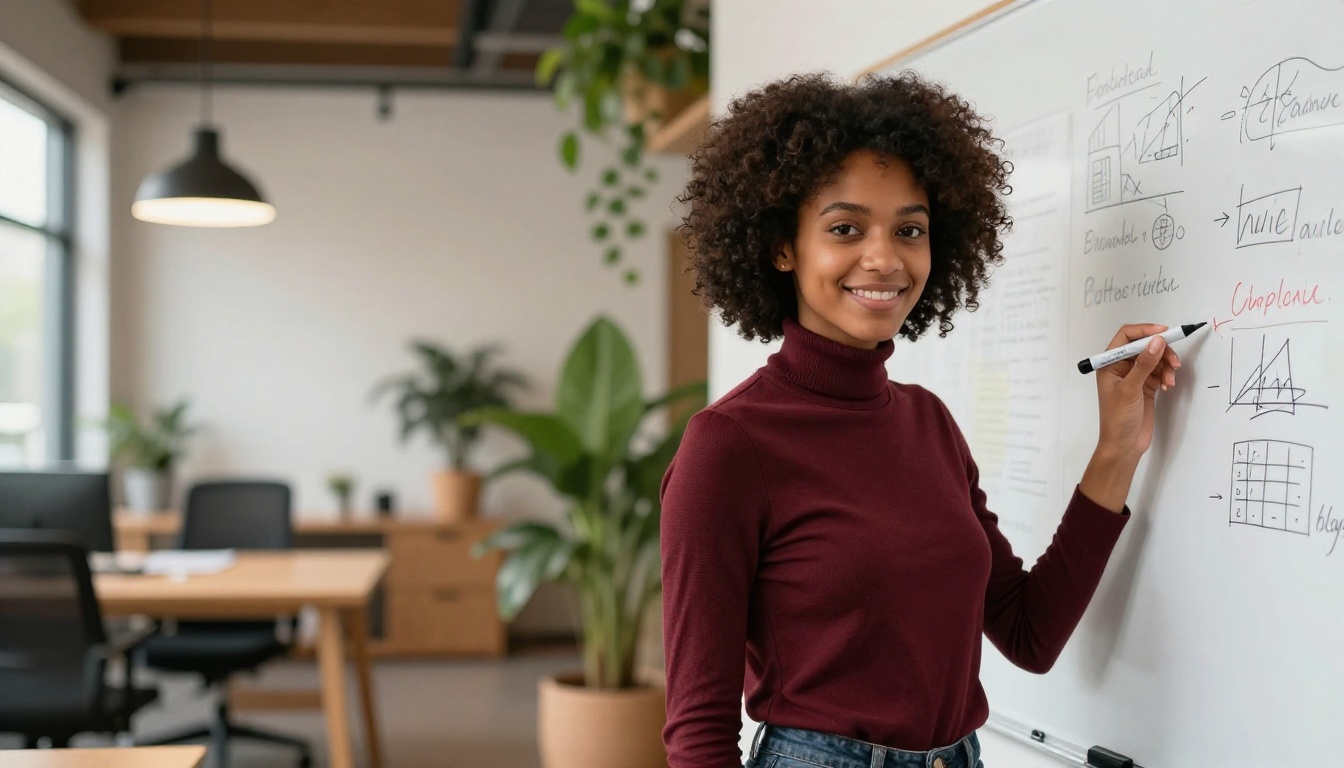 Creative professional confidently presenting AI video workflow concepts on whiteboard