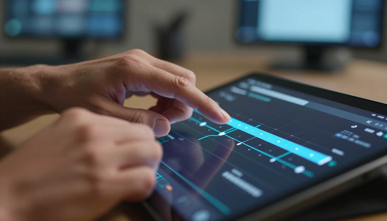 Filmmaker's hands operating AI video generation interface on tablet