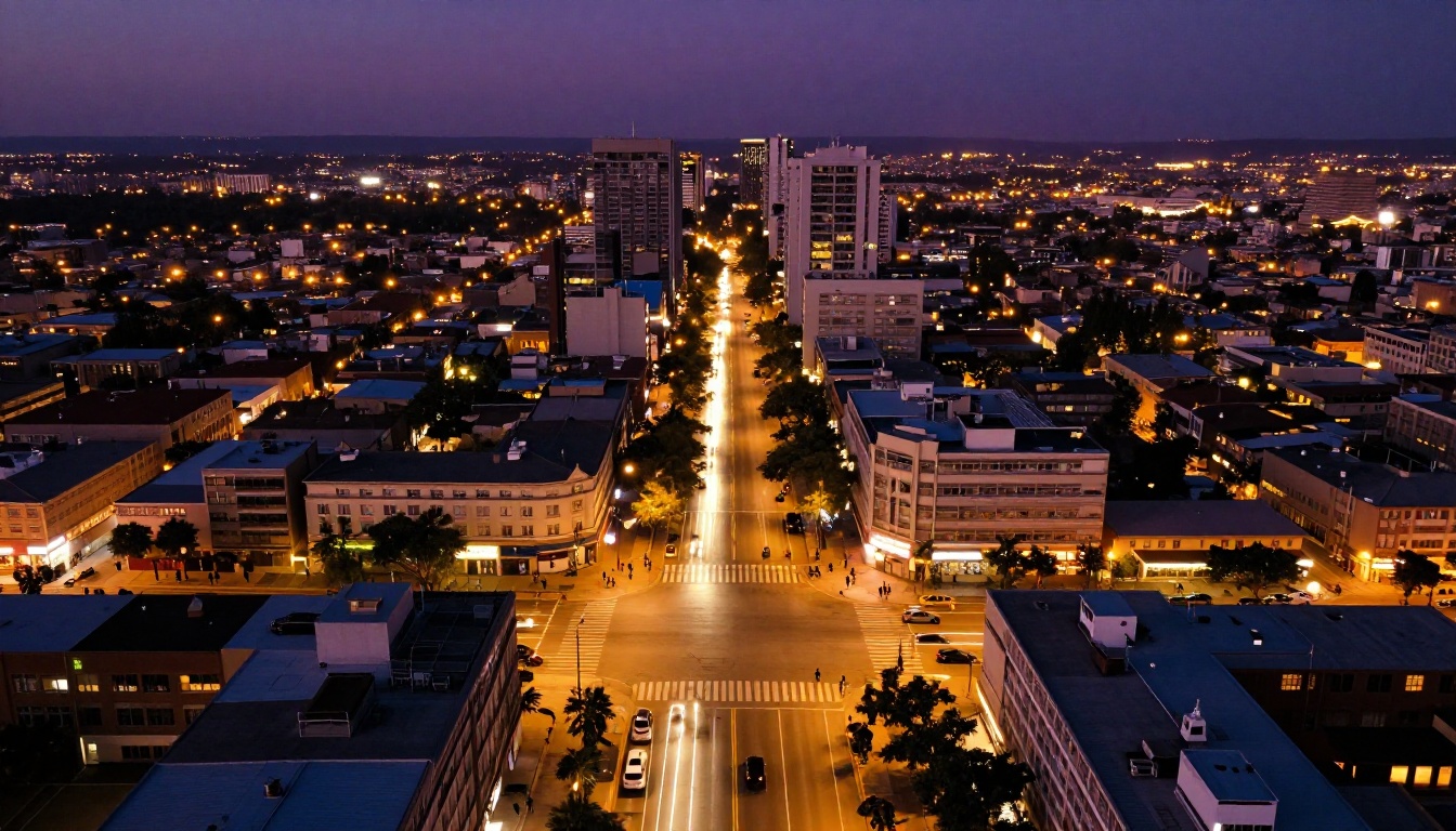 Aerial drone shot of city intersection at dusk with car light trails