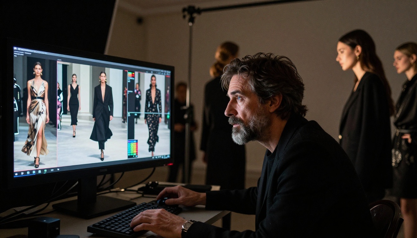 Fashion photographer reviewing high-resolution video footage backstage at luxury photoshoot
