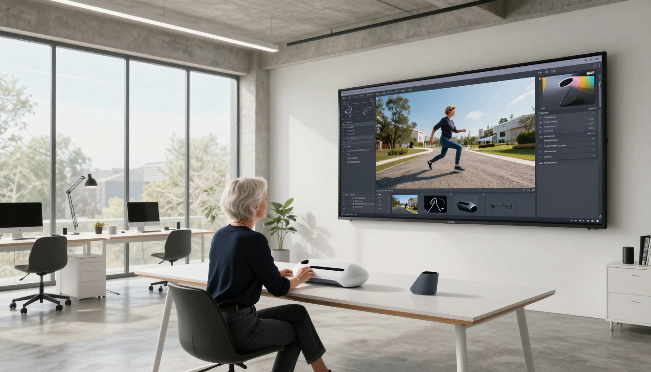 Product designer in bright modern studio examining prototype with AI video display behind