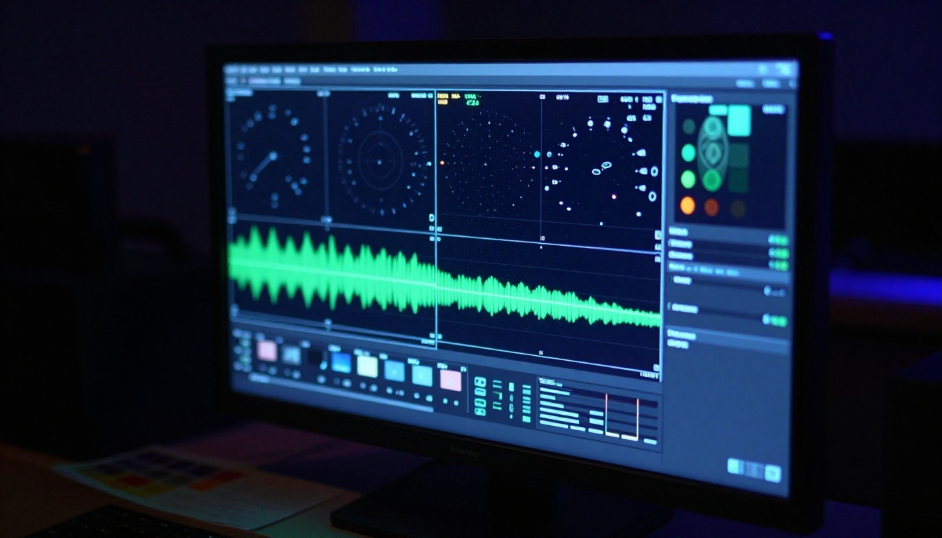 Professional cinema monitor in dark color grading suite with waveform overlays