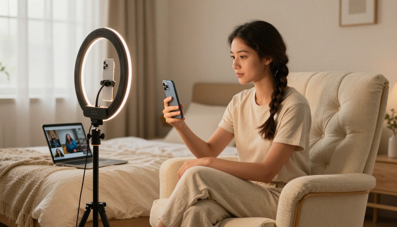 Social media creator filming content in warm bedroom studio with ring light