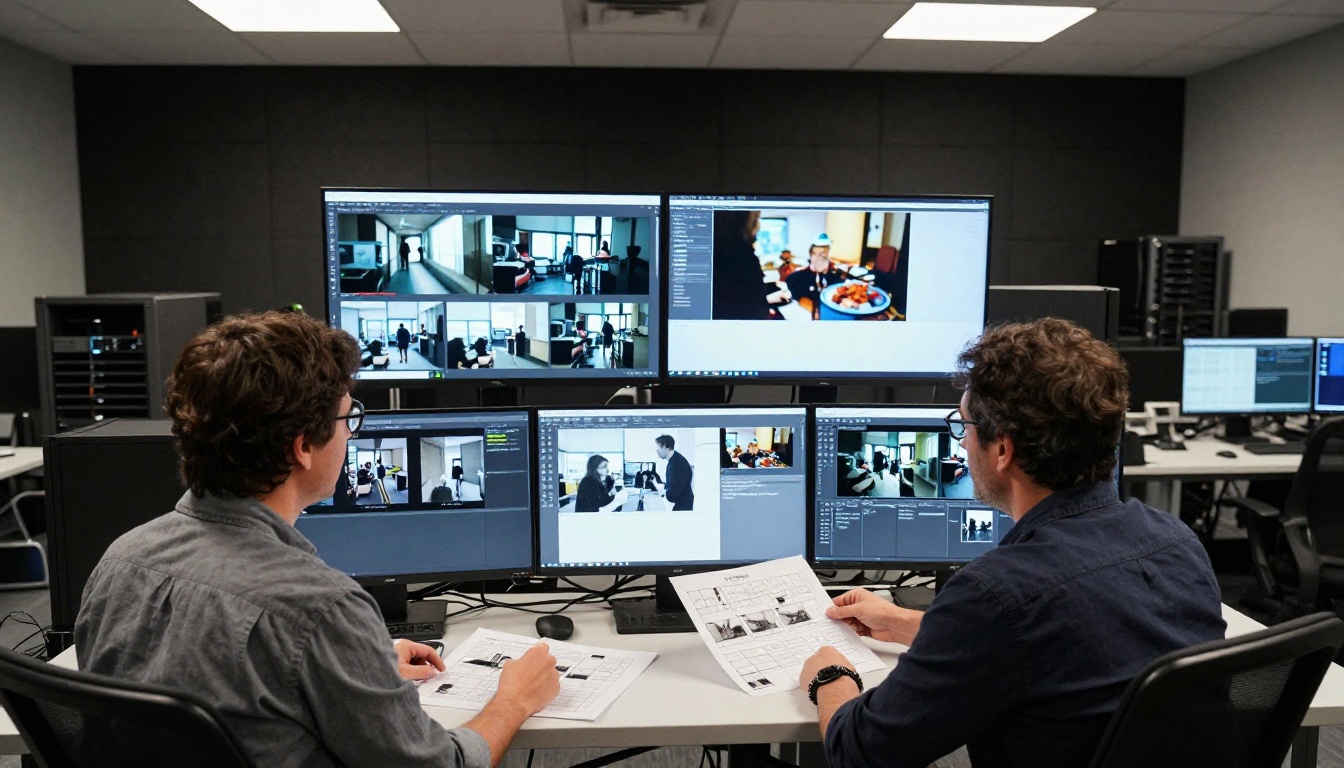 Two film directors collaborating at editorial workstation in post-production facility