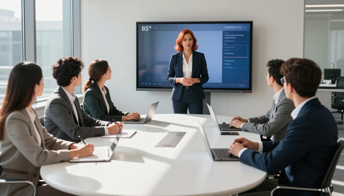 Marketing professional presenting AI video campaign to team in glass-walled office