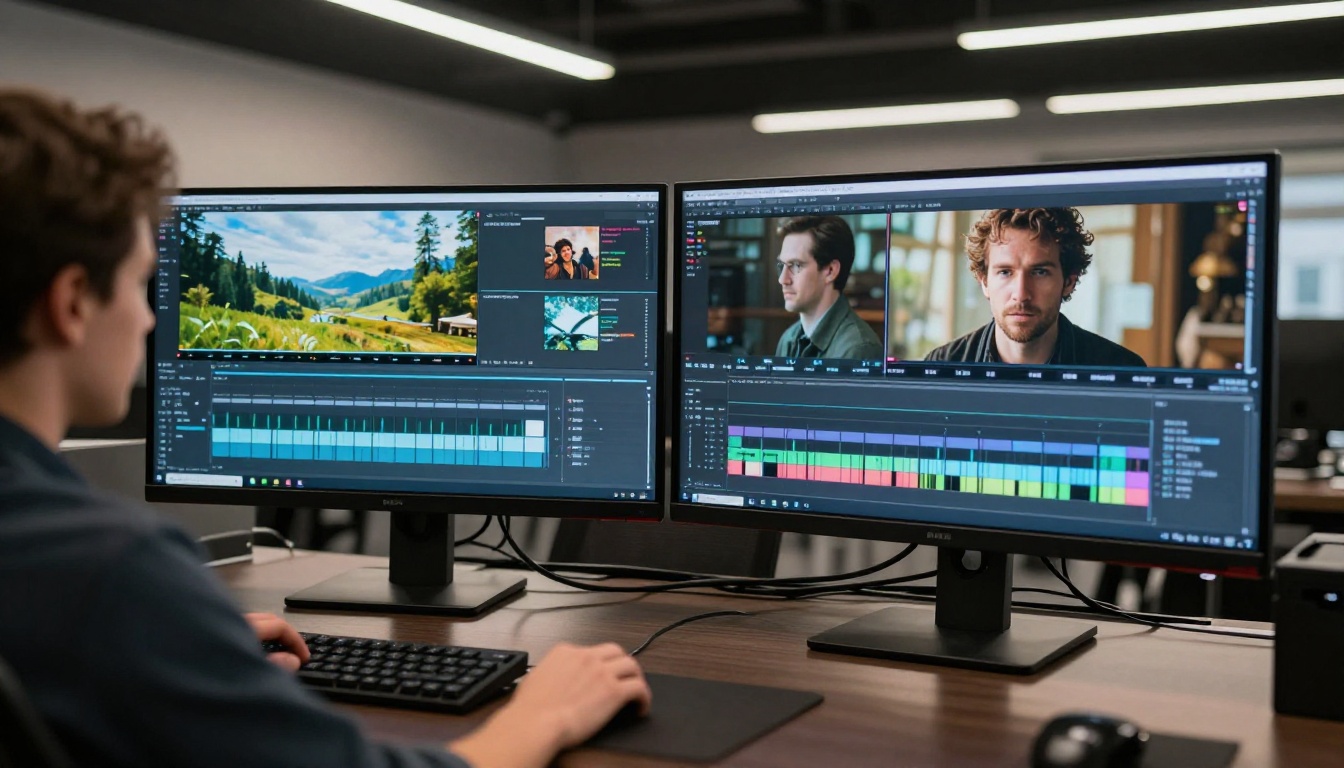 Dual monitor video editing workstation comparison setup