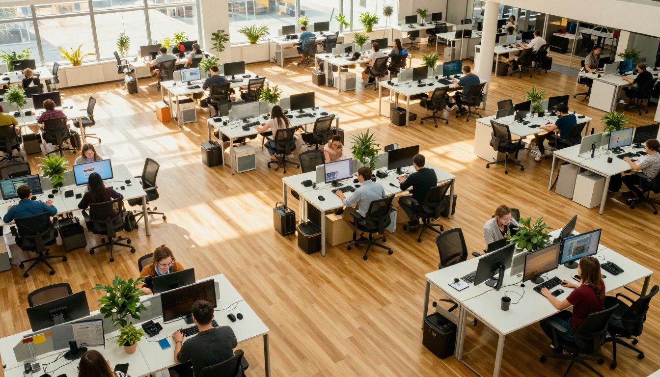 Aerial view of modern technology office with developers at work