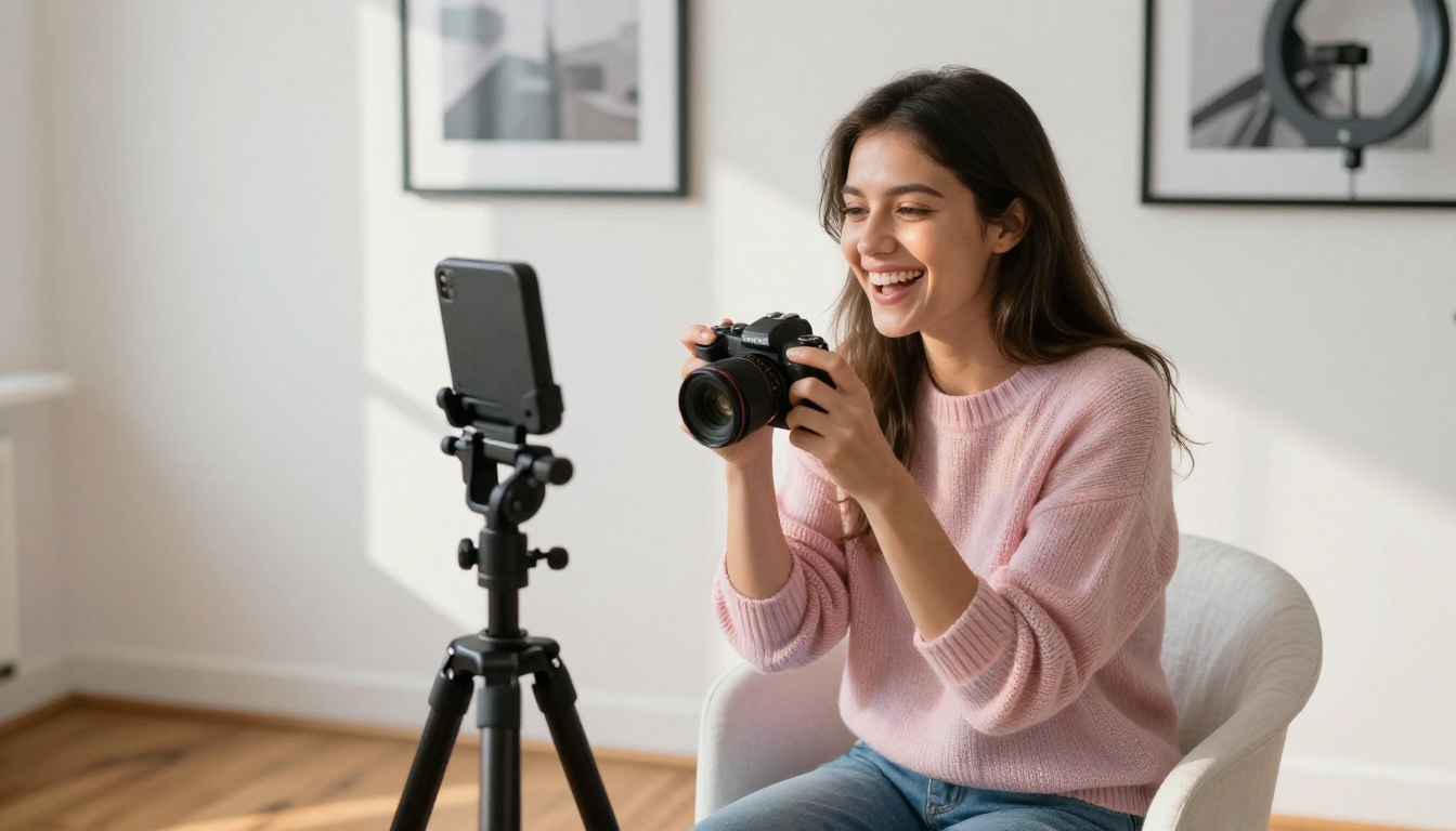 Content creator in minimalist home studio with natural lighting