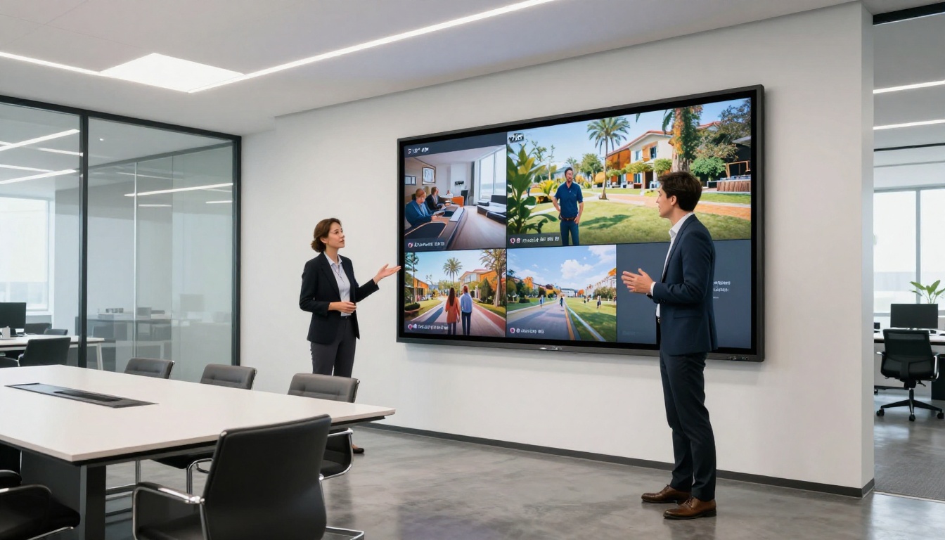 Marketing professional presenting video campaign on large conference room display