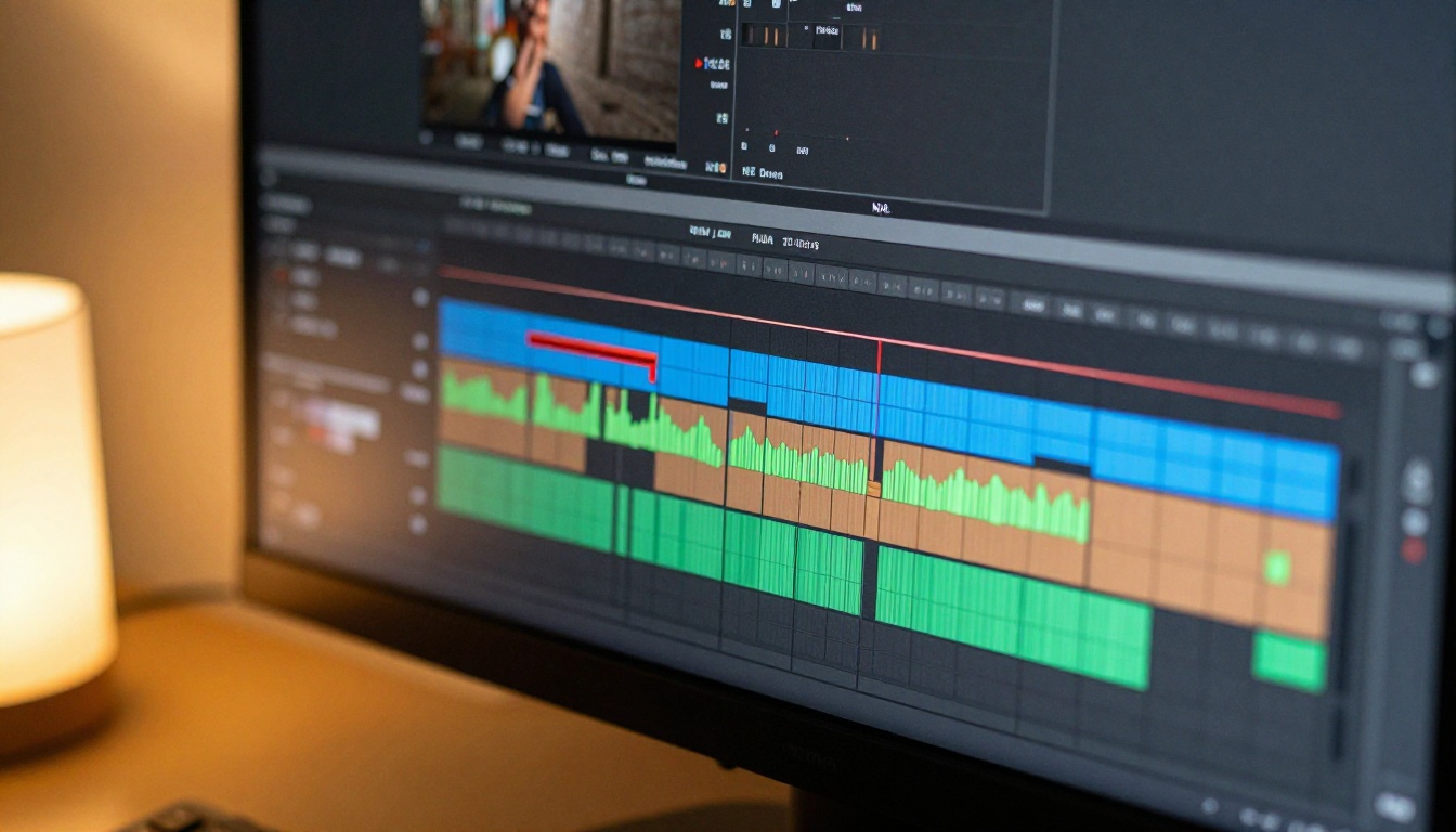 Close-up of professional video editing timeline on high-resolution monitor