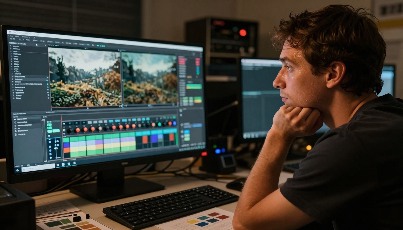 Creative director reviewing color-graded footage in a professional grading suite