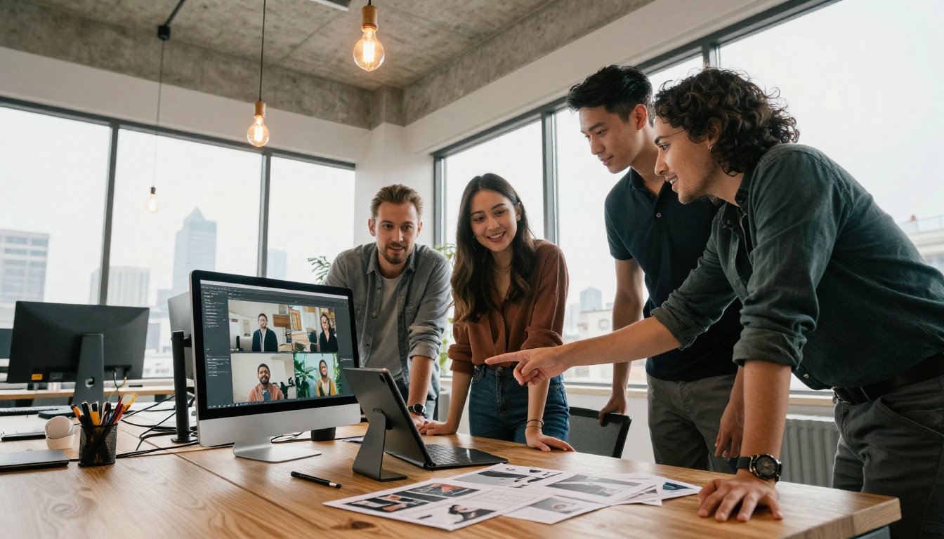 Three creative professionals collaborating around a standing desk with storyboards