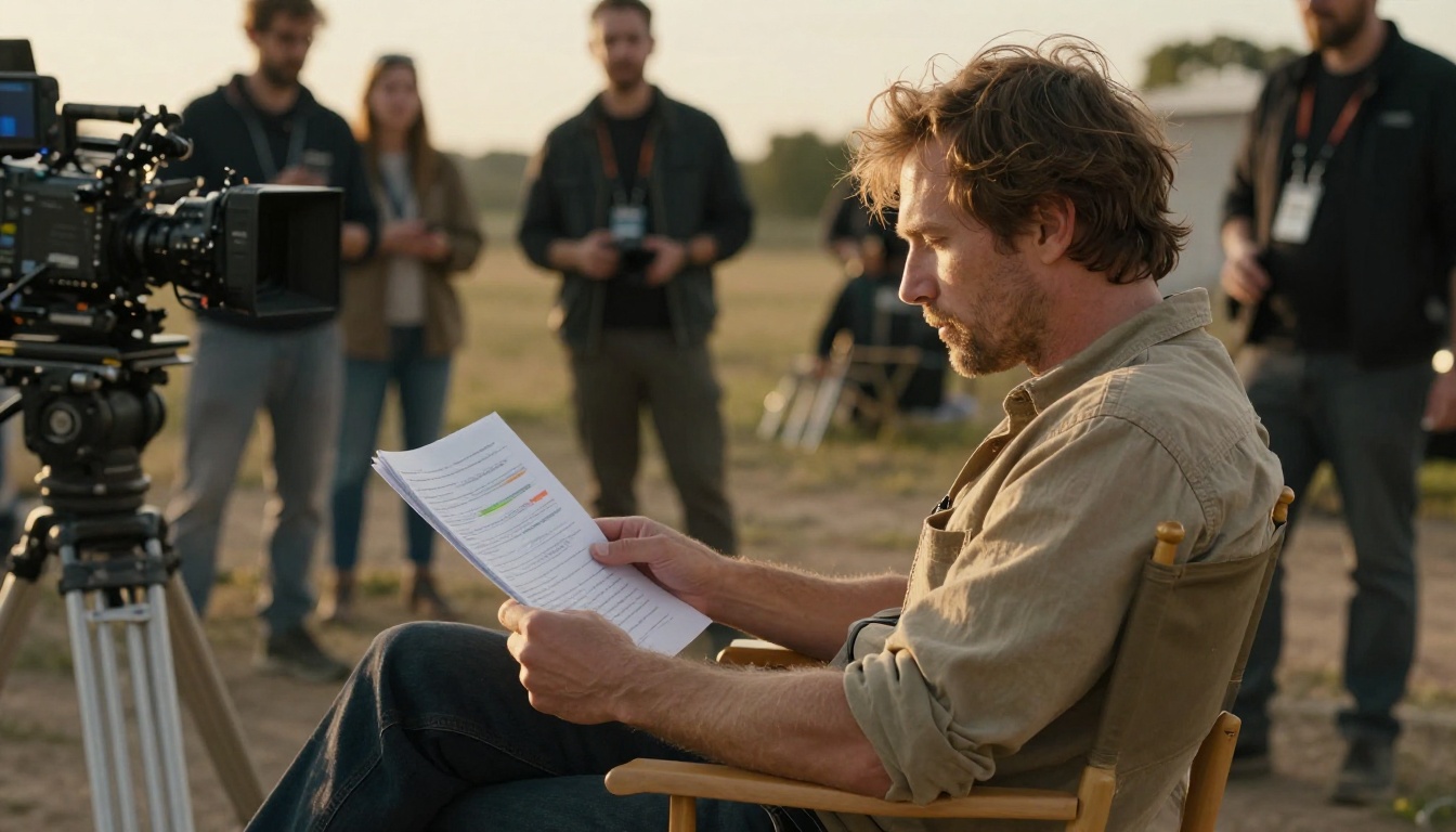 Film director on location set with script and cinema camera at golden hour