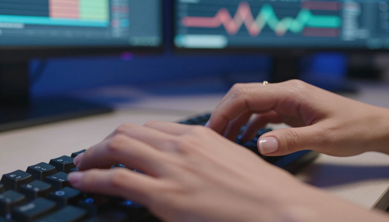 Close-up of hands typing on keyboard for AI video creation