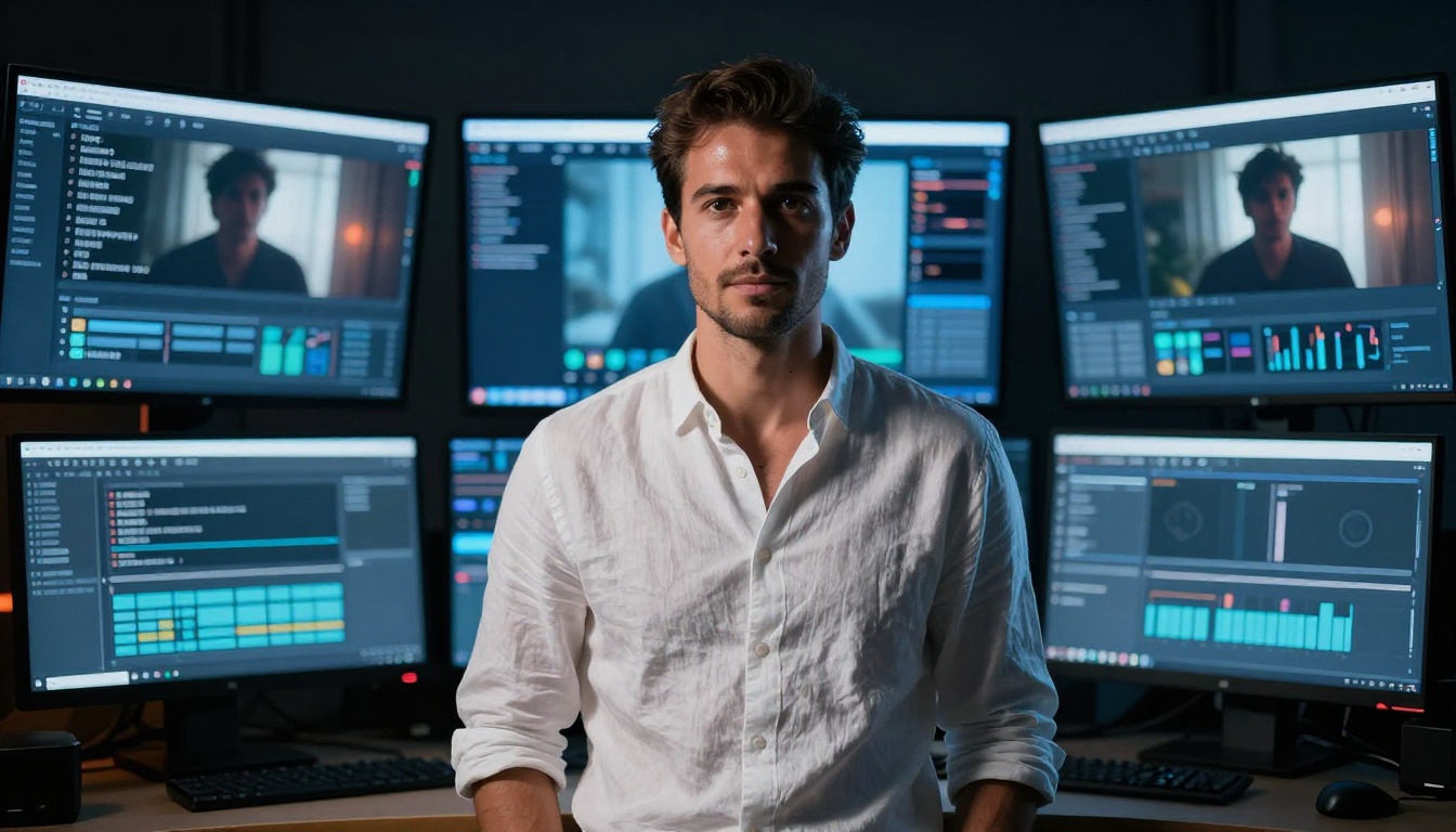 Creative professional at editing station with multiple screens