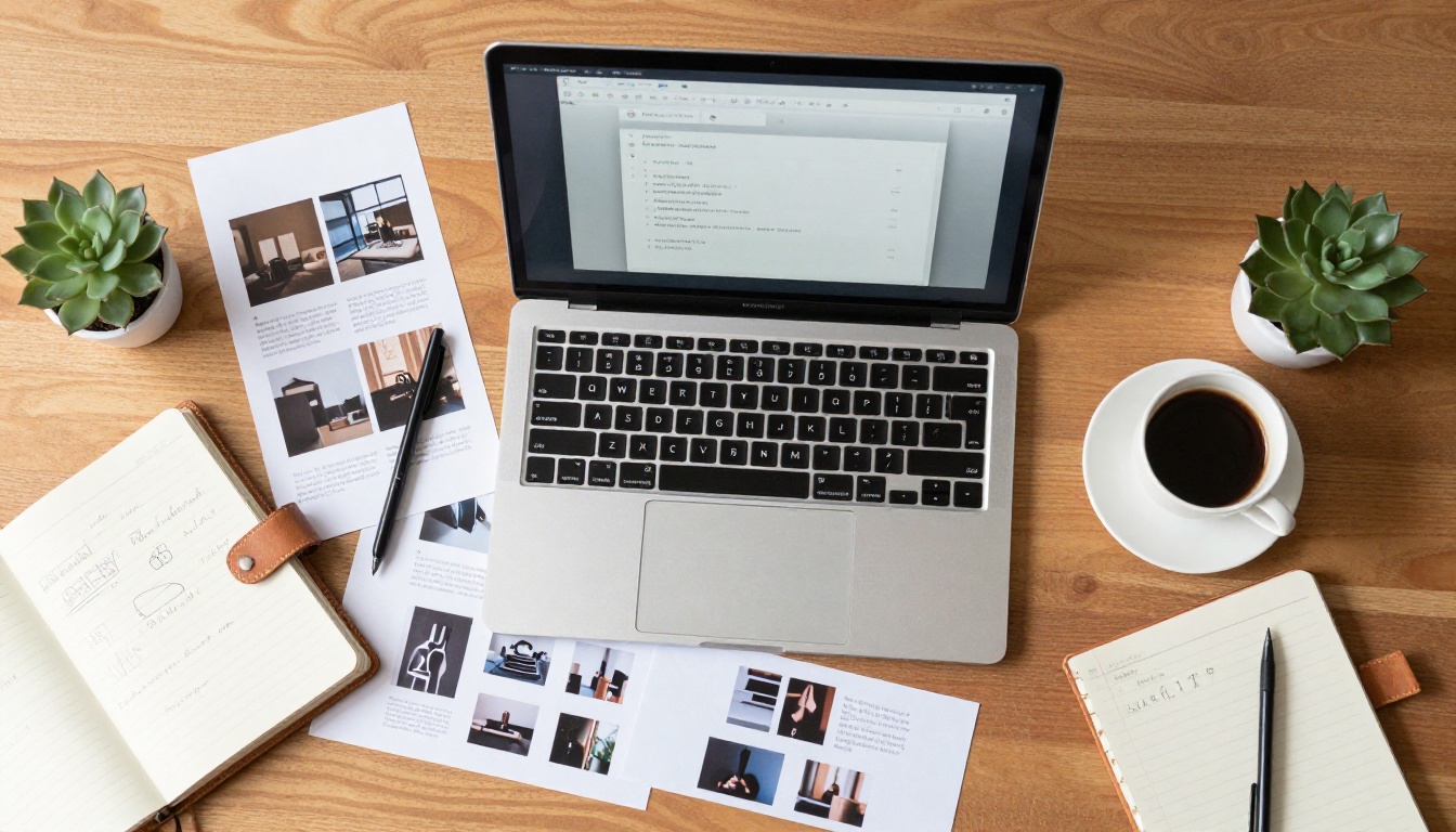 Creative workspace flat lay with laptop and coffee for video production