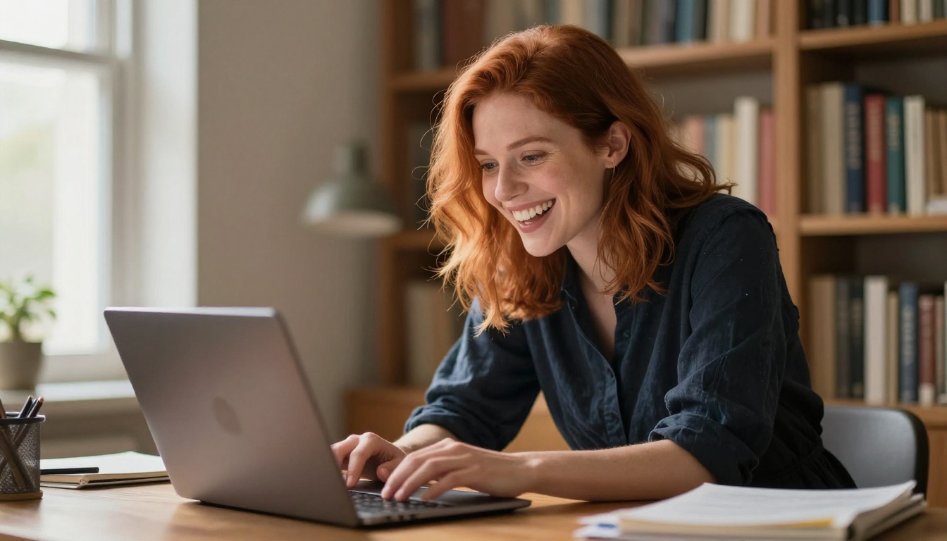 Excited woman reacting to AI video results on laptop