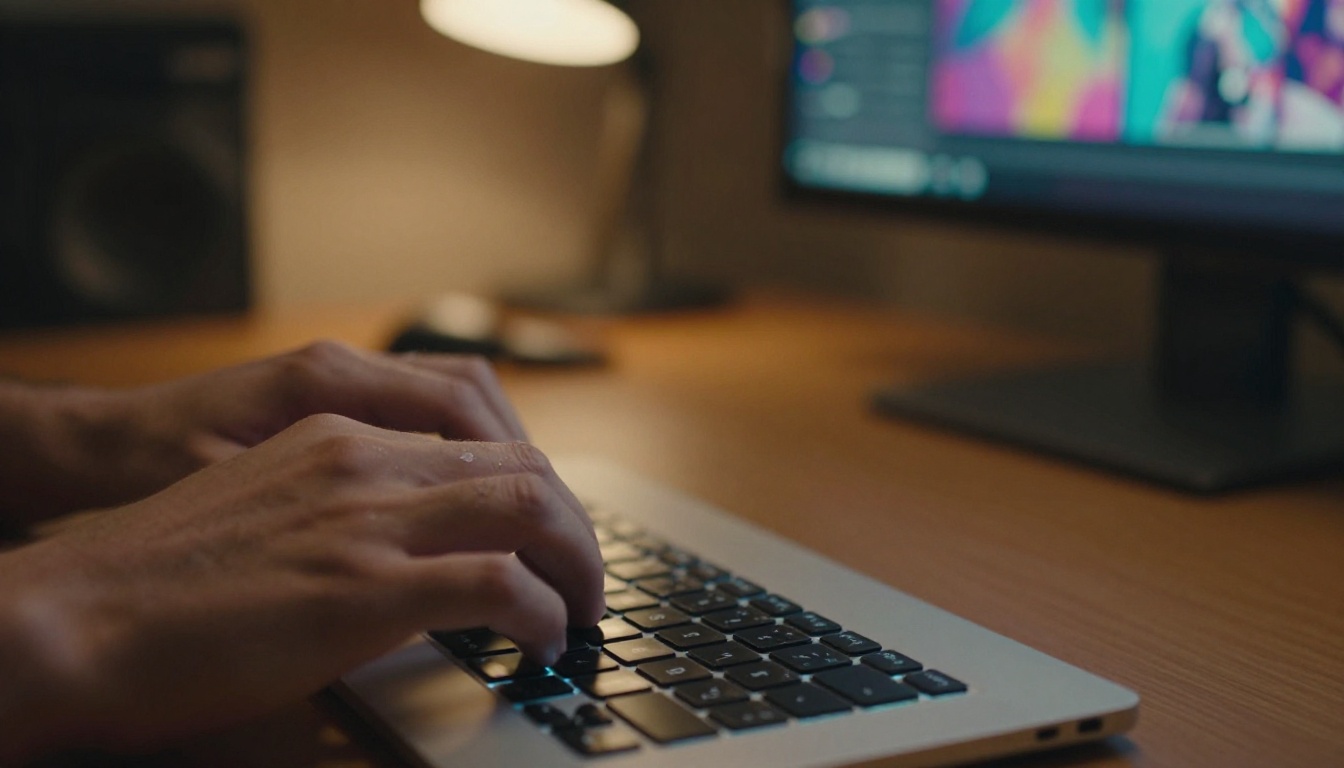 Hands typing a cinematic AI video prompt on keyboard