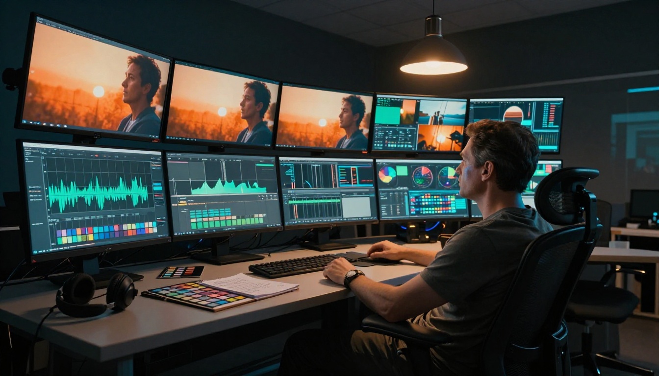 Professional colorist reviewing cinematic footage in a color grading suite