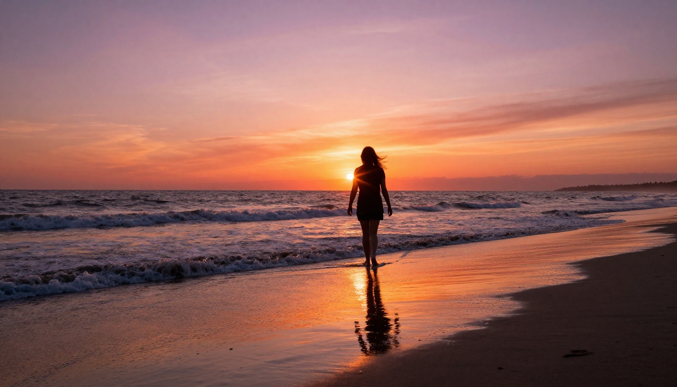 Couple on beach at sunset, cinematic scene representing golden hour style AI video