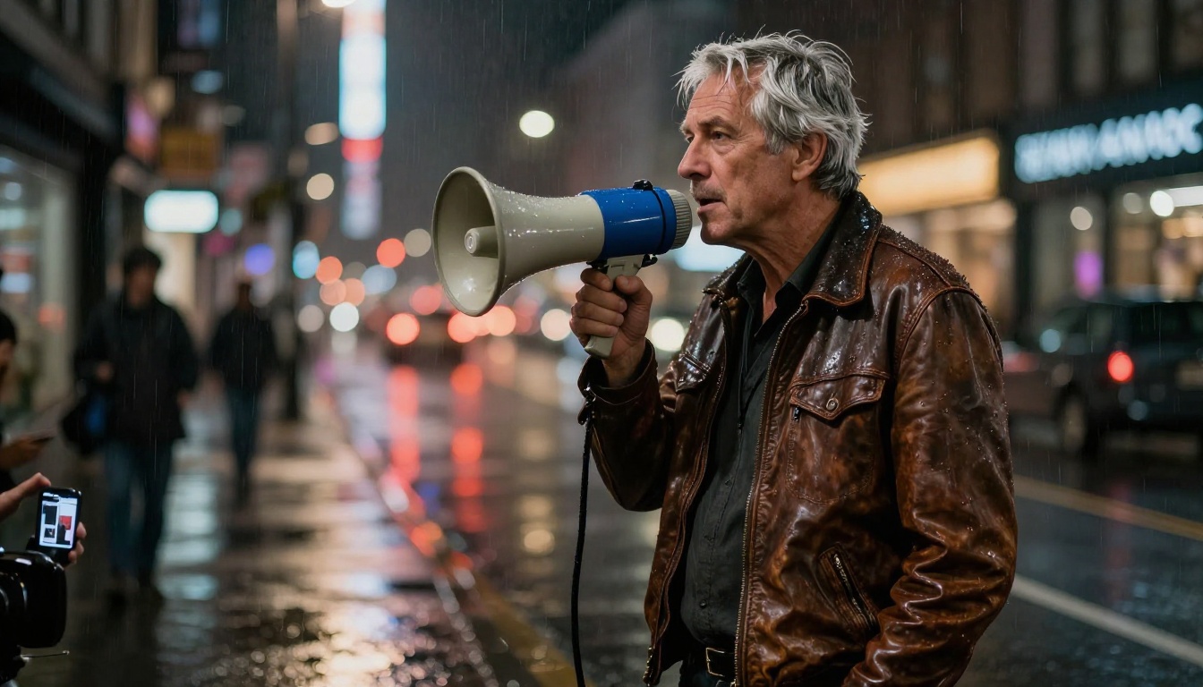 Film director on wet city street at night, representing cinematic noir style production