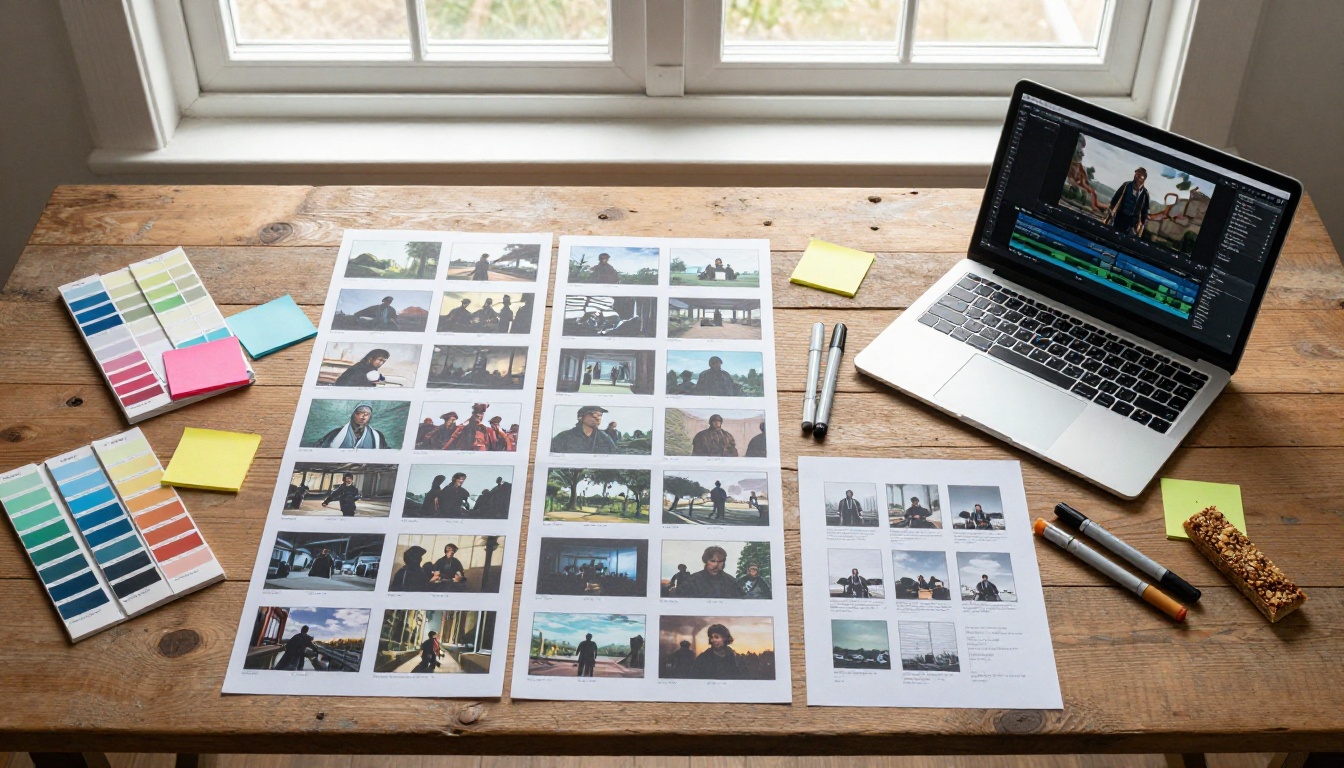 Overhead storyboard flat-lay representing pre-production planning for cinematic AI video content
