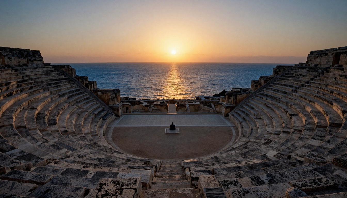 Ancient stone amphitheater at dusk representing cinematic storytelling through AI video