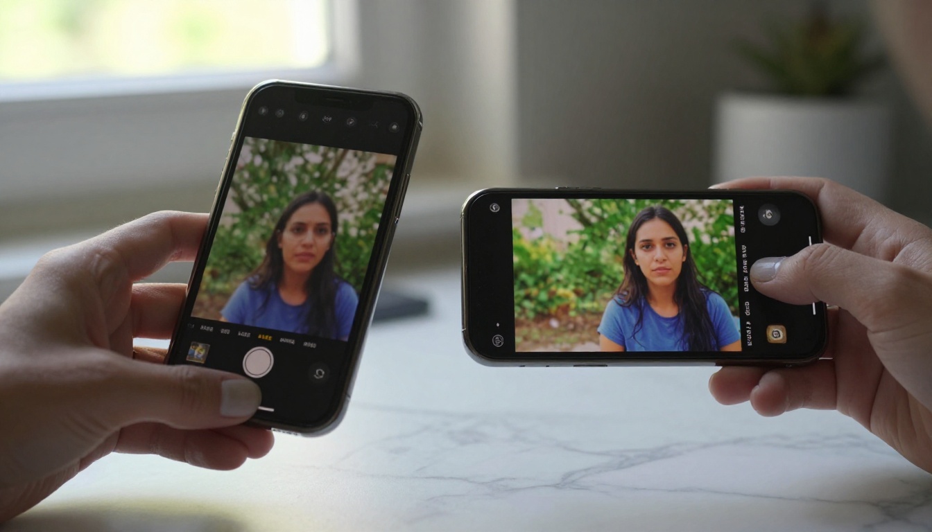 Dual phone screens comparing low-quality and high-quality AI video output side by side on marble desk Dual phone screens comparing low-quality and high-quality AI video output side by side on marble desk