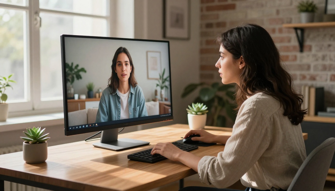 Young woman watching high-definition AI-generated video on large 4K monitor in home studio Young woman watching high-definition AI-generated video on large 4K monitor in home studio