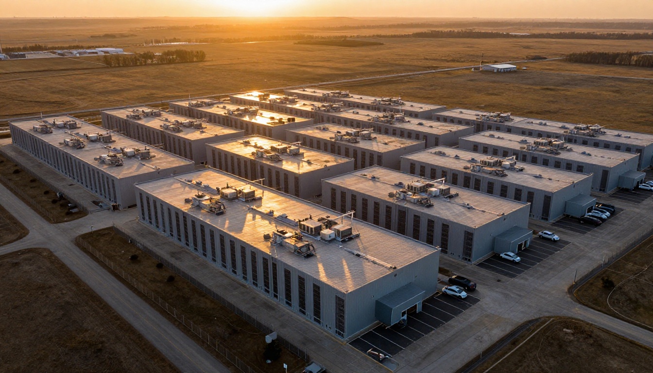 Aerial photograph of modern Google data center campus at golden hour with rows of server buildings Aerial photograph of modern Google data center campus at golden hour with rows of server buildings