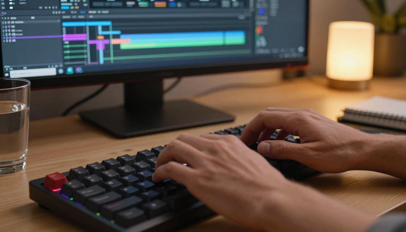 Close-up of creative professional's hands typing on mechanical keyboard with video editing software on monitor Close-up of creative professional's hands typing on mechanical keyboard with video editing software on monitor