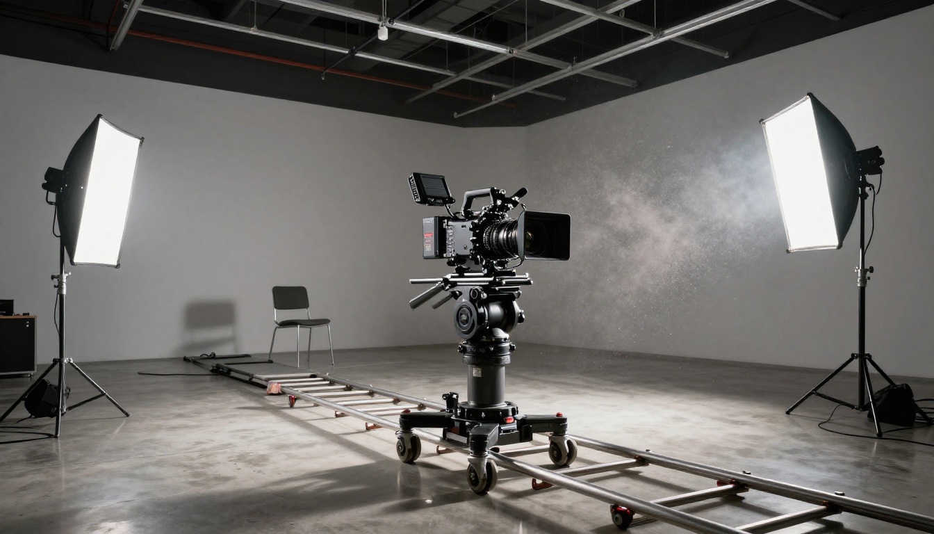 Professional cinema camera on dolly track with anamorphic lens inside modern film studio with dramatic lighting
