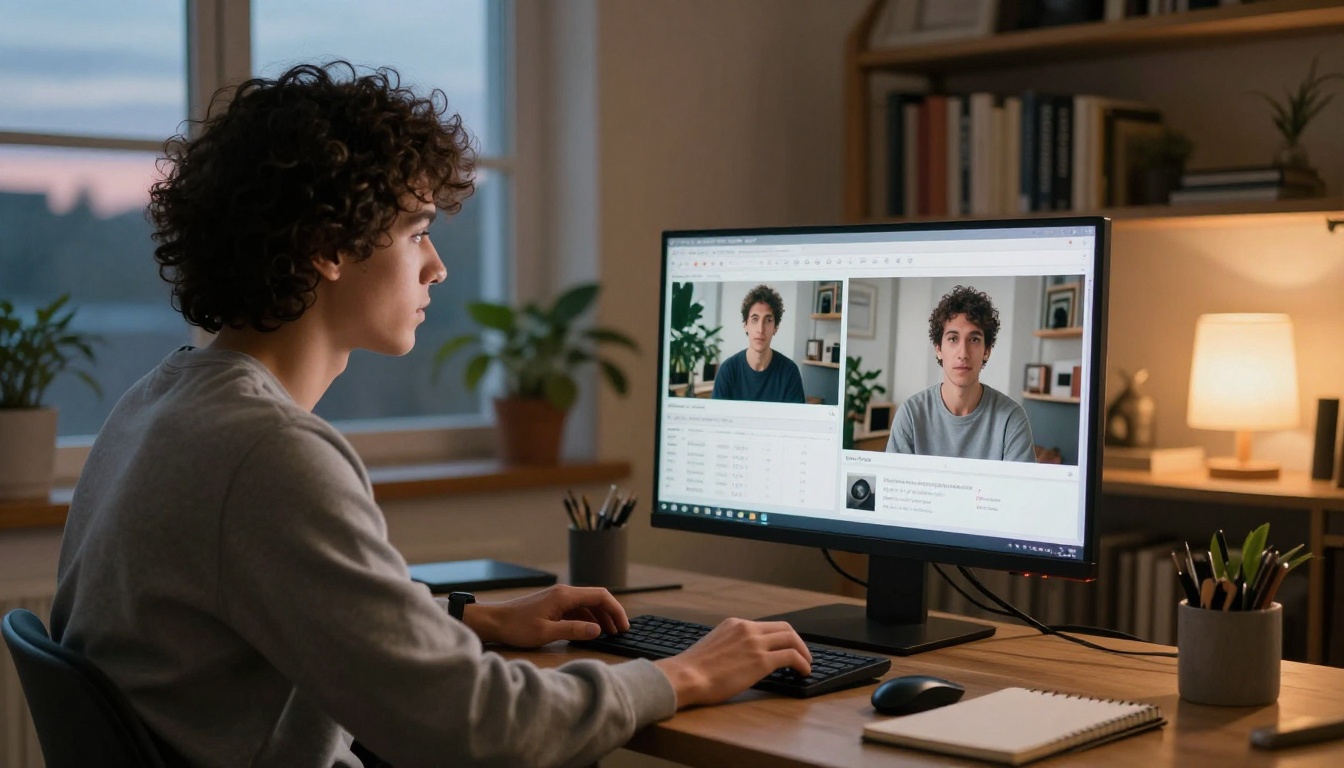Content creator with curly hair reviewing AI video output on home office monitor in warm evening light