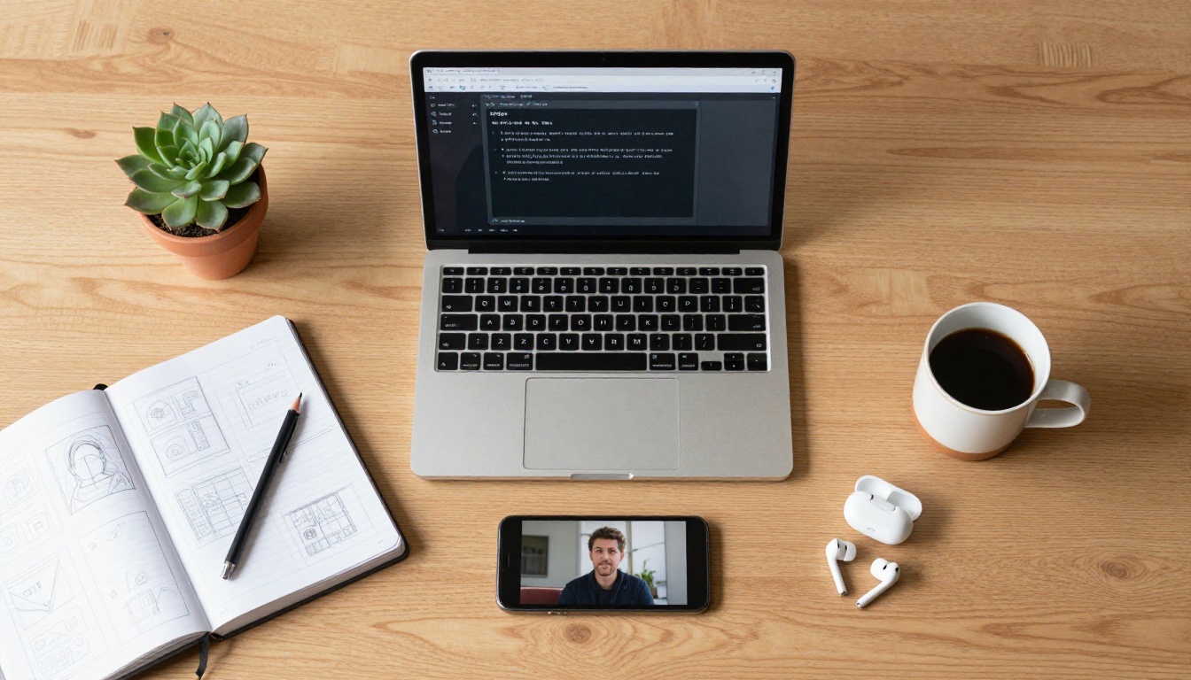 Overhead flat-lay of oak desk with laptop open to video generation interface, sketchbook, coffee mug, and succulent