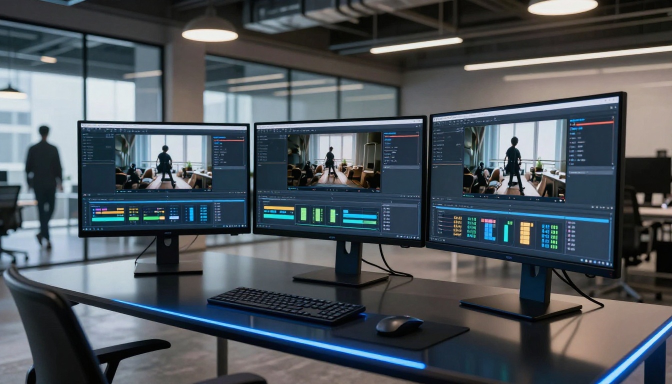 Multi-screen tech office workstation with three curved monitors showing AI video rendering tasks