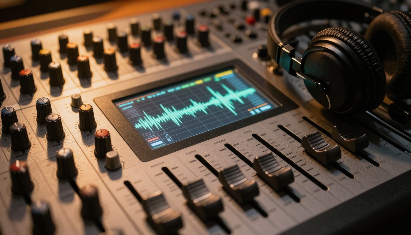 Professional mixing console with audio waveforms and studio headphones