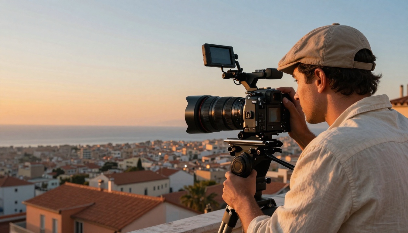 Cinematographer framing a shot through a cinema camera at golden hour overlooking a coastal city