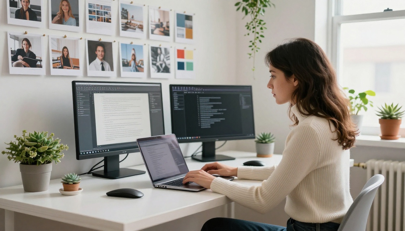 Creative professional writing AI video prompts at a minimalist white studio desk