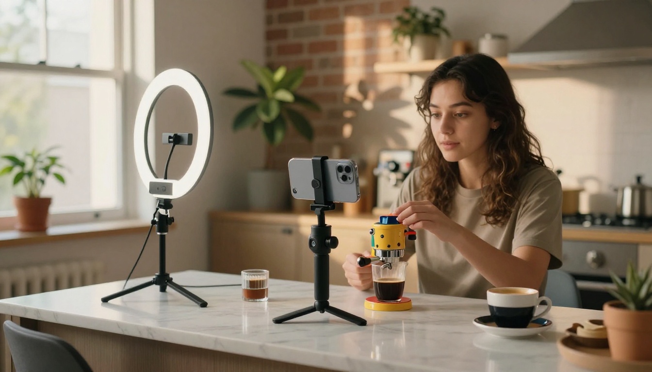 Content creator shooting short-form video in a cozy apartment with an artisan espresso setup
