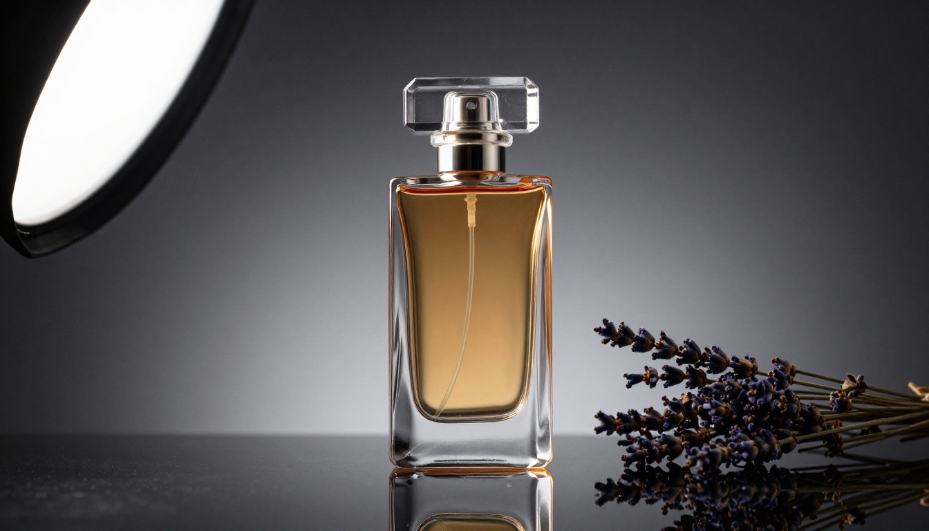 Luxury crystal perfume bottle on a polished obsidian surface with studio lighting and dried botanicals