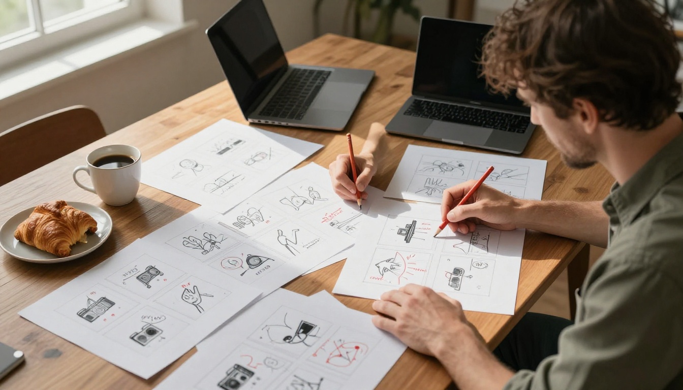 Art director reviewing printed storyboard frames on a wooden conference table with coffee and a croissant