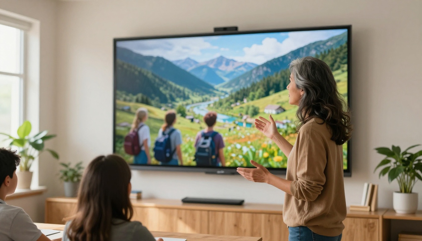Teacher presenting an AI-generated nature documentary clip on a wall-mounted screen in a modern classroom